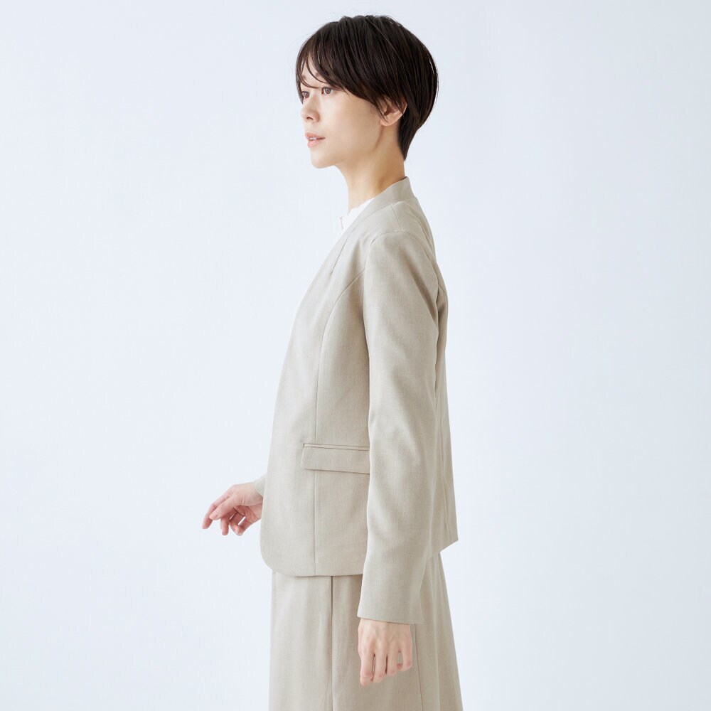 オールシーズン】洗えるノーカラージャケット ベージュ セットアップ