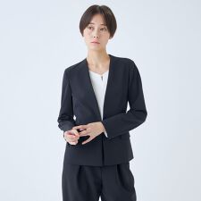 【オールシーズン】洗えるノーカラーストレッチジャケット ネイビー無地 セットアップ商品