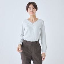 【長袖】ラウンドV開きブラウス ミント ウォッシャブル ストレッチ 透け軽減 UV加工 防シワ