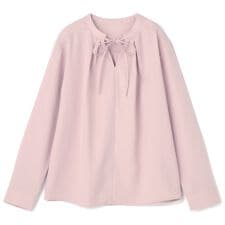 【長袖】洗えるキーネック リボンブラウス ピンク