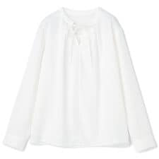 【長袖】洗えるキーネック リボンブラウス ホワイト