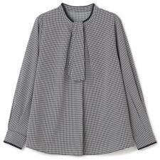 【長袖】洗えるボウタイ取り外し２WAYプルオーバー ブラウス 千鳥格子 ストレッチ UV加工