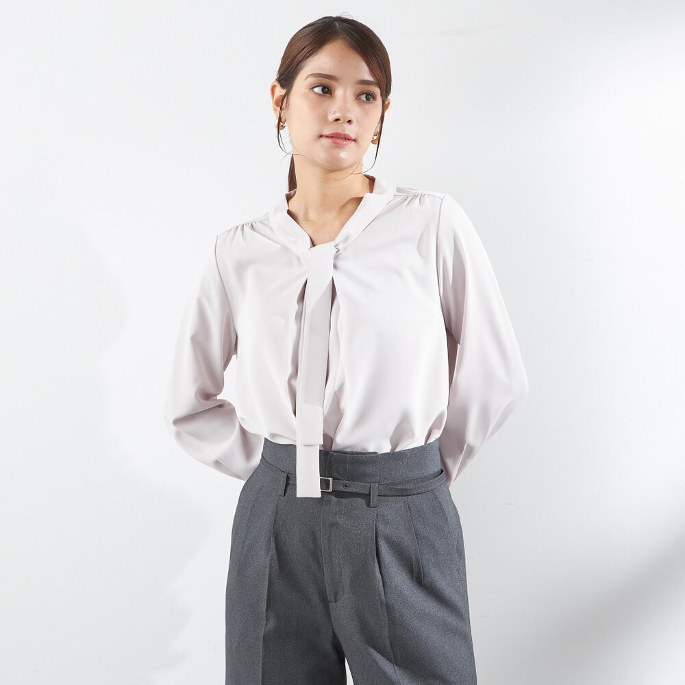 接触冷感 / 手洗い可能〉ボウタイ ショート スリーブ ブラウス
