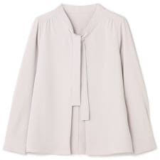 【長袖】洗えるボウタイプルオーバー ブラウス ピンク ストレッチ UV加工 静電気防止 防シワ