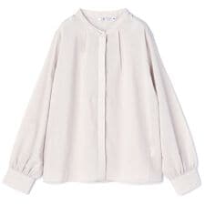 【長袖】洗えるバンドカラ―ブラウス ベージュ ストレッチ