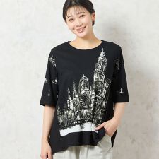 【洗える・日本製・綿100】街並み柄コットンTシャツ