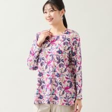 【洗える・日本製・L～3Lサイズ】テレコニットリーフ柄カットソー