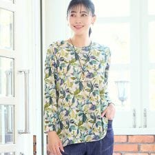【洗える・日本製・L～3Lサイズ】テレコニットリーフ柄カットソー