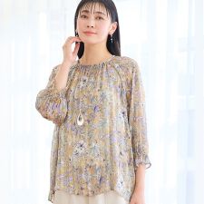 【洗える・3Lサイズあり】更紗柄ギャザーブラウス