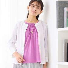 【洗える】麻混ノーカラーブラウス