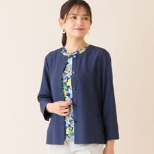 【洗える】麻混ノーカラーブラウス