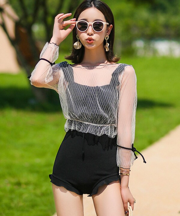 レースアップ×フリル トップス付きワンピース 水着 | オシャレボ