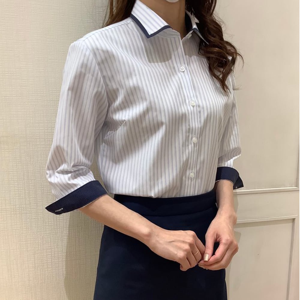 形態安定ノーアイロン ワイド衿 七分袖レディースシャツ 形態安定ノーアイロン ワイド衿 七分袖レディースシャツ