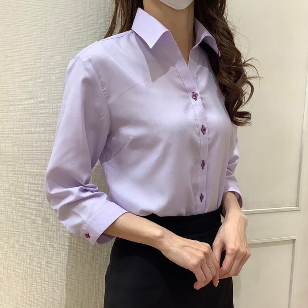形態安定ノーアイロン スキッパー衿 七分袖レディースシャツ