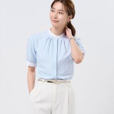 【COFREX】  配色 スタンド ギャザーブラウス 五分袖 レディースデザインシャツ