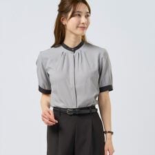 【COFREX】  配色 スタンド ギャザーブラウス 五分袖 レディースデザインシャツ