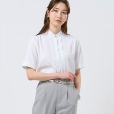 【COFREX】  スタンド ピンタックブラウス 五分袖 レディースデザインシャツ