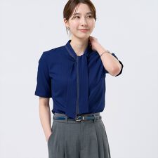 【COFREX】  配色ボウタイブラウス 五分袖 レディースデザインシャツ