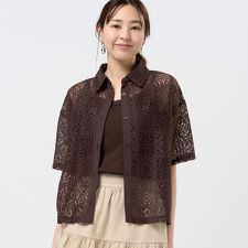 クロシェ風 レースシャツブラウス 五分袖 レディース