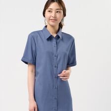 麻調合繊 シャツワンピース 五分袖 レディース