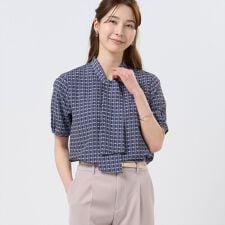 ボウタイ プリント ブラウス 五分袖 レディース