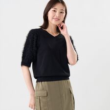 ニット 袖フェザー切替プルオーバー 五分袖 レディース