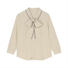 シルキーサテン 配色リボンタイ ブラウス 長袖 レディース