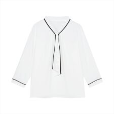 ストレッチジョーゼット 2WAY配色ボウタイ ブラウス 七分袖 レディース