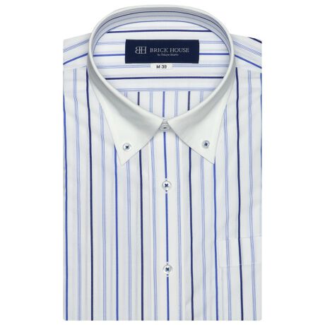 形態安定 ノーアイロン 半袖ワイシャツ クレリック ボタンダウン 白×ブルー系ストライプ | ブリックハウス(BRICKHOUSE