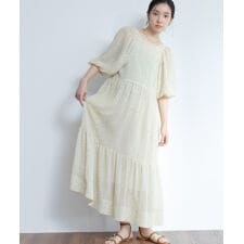 【裏地付/花柄/無地】ギャザー切替バックリボンワンピース