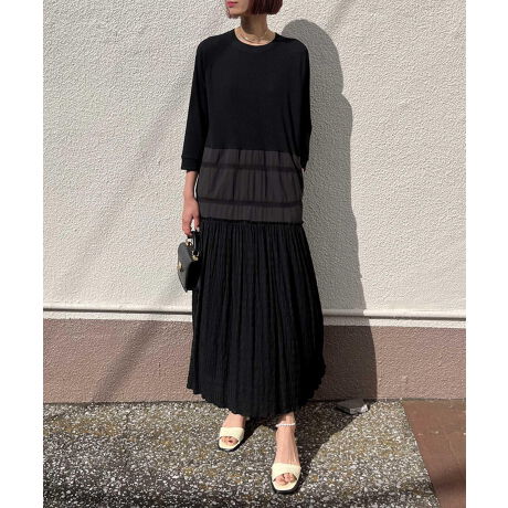 Audrey and John Wad】異素材MIX8分袖シャーリングロングワンピース  