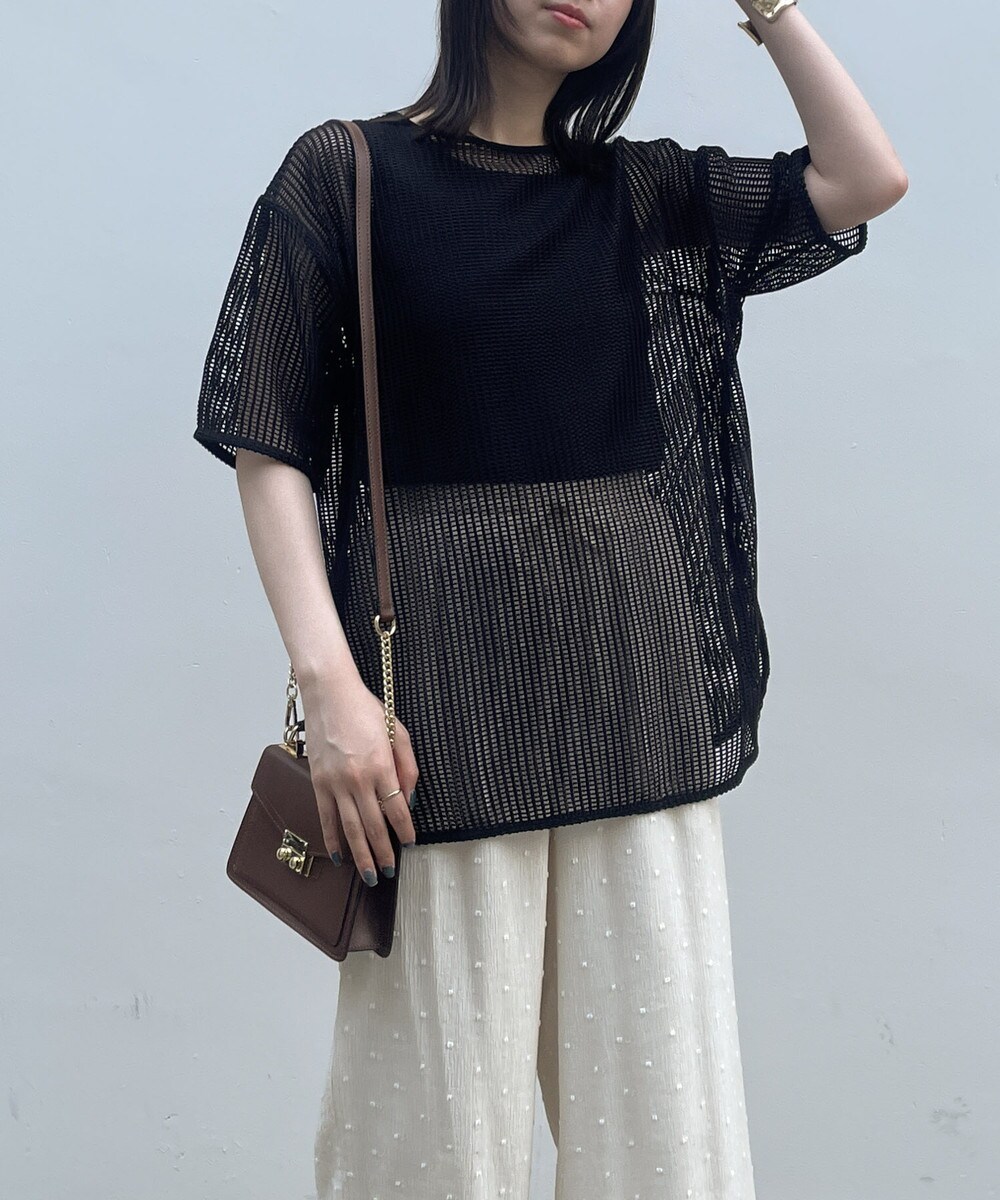 オードリー Audrey カットソー メッシュ ティアード 七分袖 総柄 黒 other - オードリー Audrey カットソー メッシュ ティアード 七分袖 総