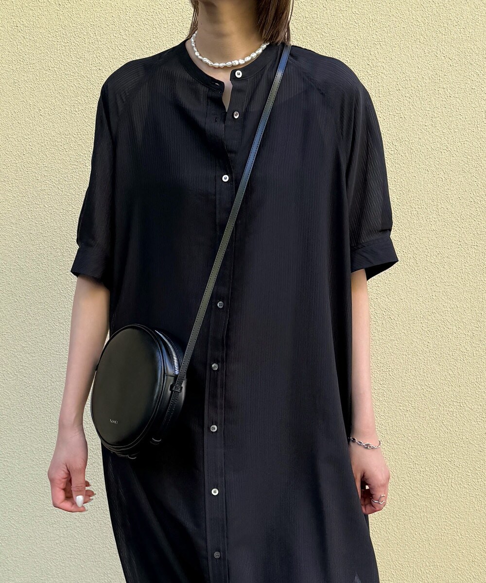 半袖/インナー付/ロング丈/前開き】シアーストライプバンドカラー