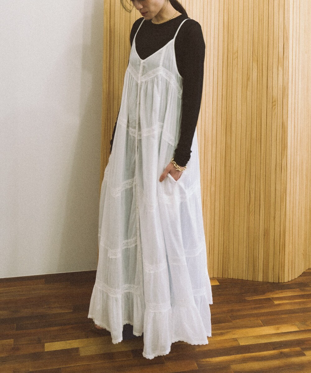 インドコットン】スイッチングレースキャミワンピース-手洗い可