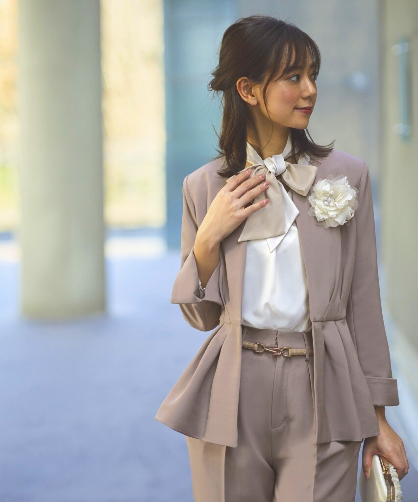 ノーカラーウエストタックペプラムパンツスーツ RUIRUE BOUTIQUE セットアップ 「洗える」「3点セット」ノー