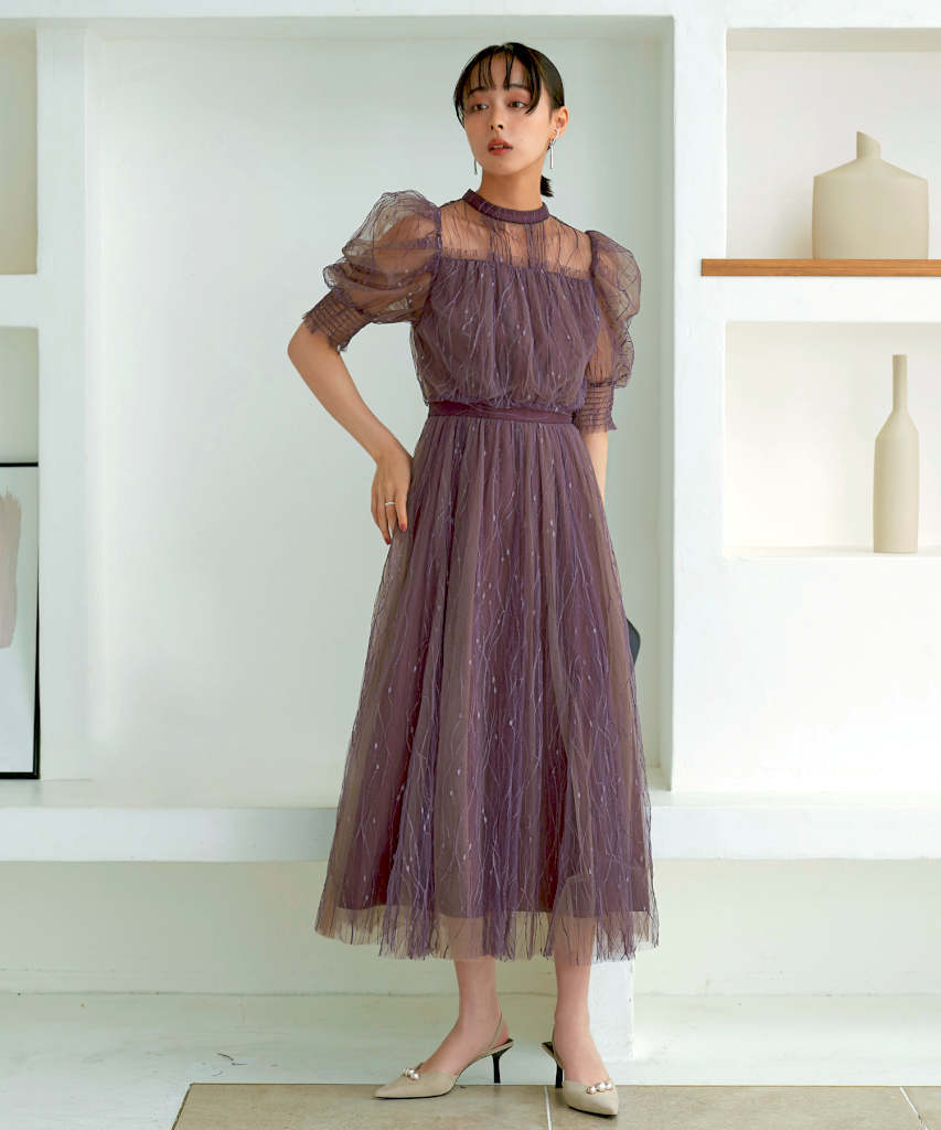 【美品】シアースリーブプリーツロングワンピース オケージョンドレス/結婚式】シアースリーブプリーツロング