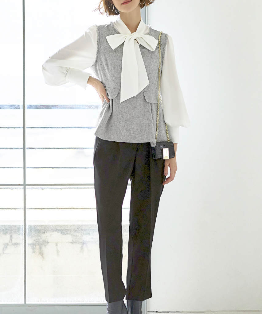 S～3L】ボウタイツイードトップス＆テーパードパンツセットアップ