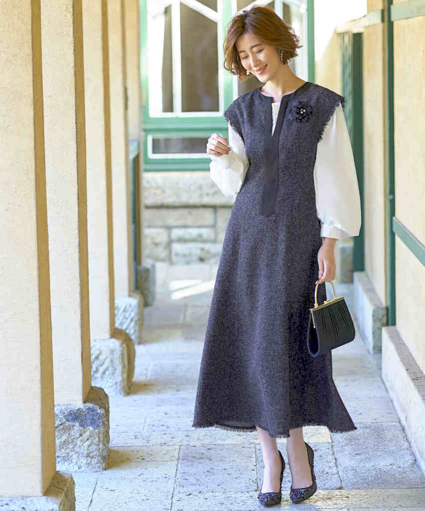 S～3L】キーネックパールレイヤードツイードワンピース | ルイルエ