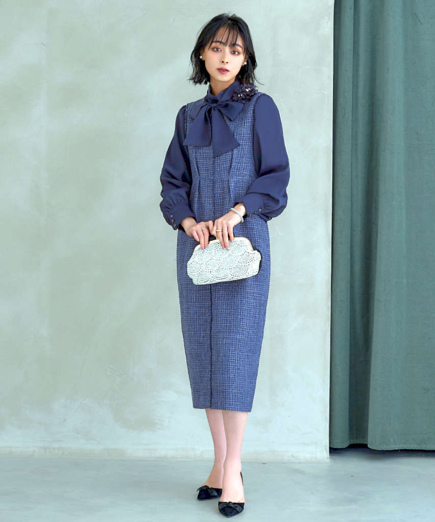 S～3L】ミックスツイードコンビ・ロングナローワンピースドレス | ルイ