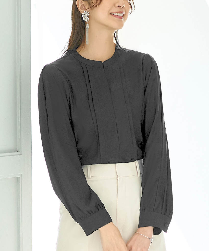 【S～3L】【洗える】バンドカラータックブラウス