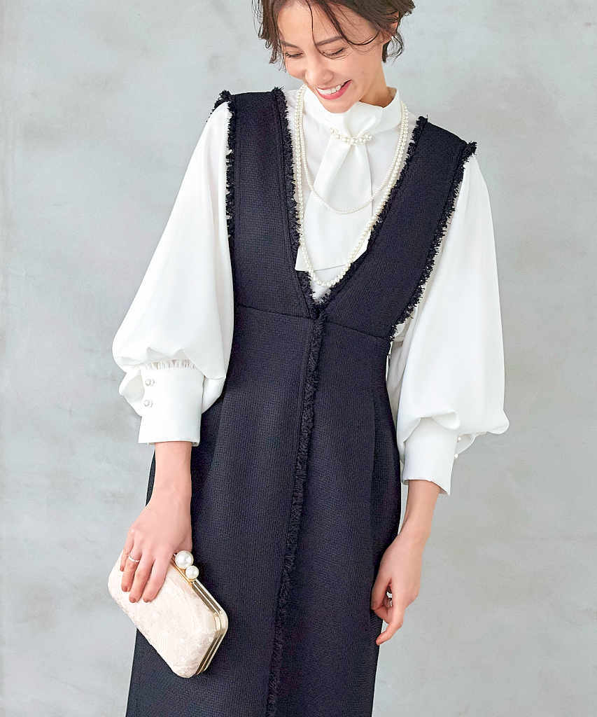 パール付け襟タックフレアトップス+シークレットゴムパンツセットアップ ルイルエブティック RUIRUE BOUTIQUE 【オケージョン対応】2WAY