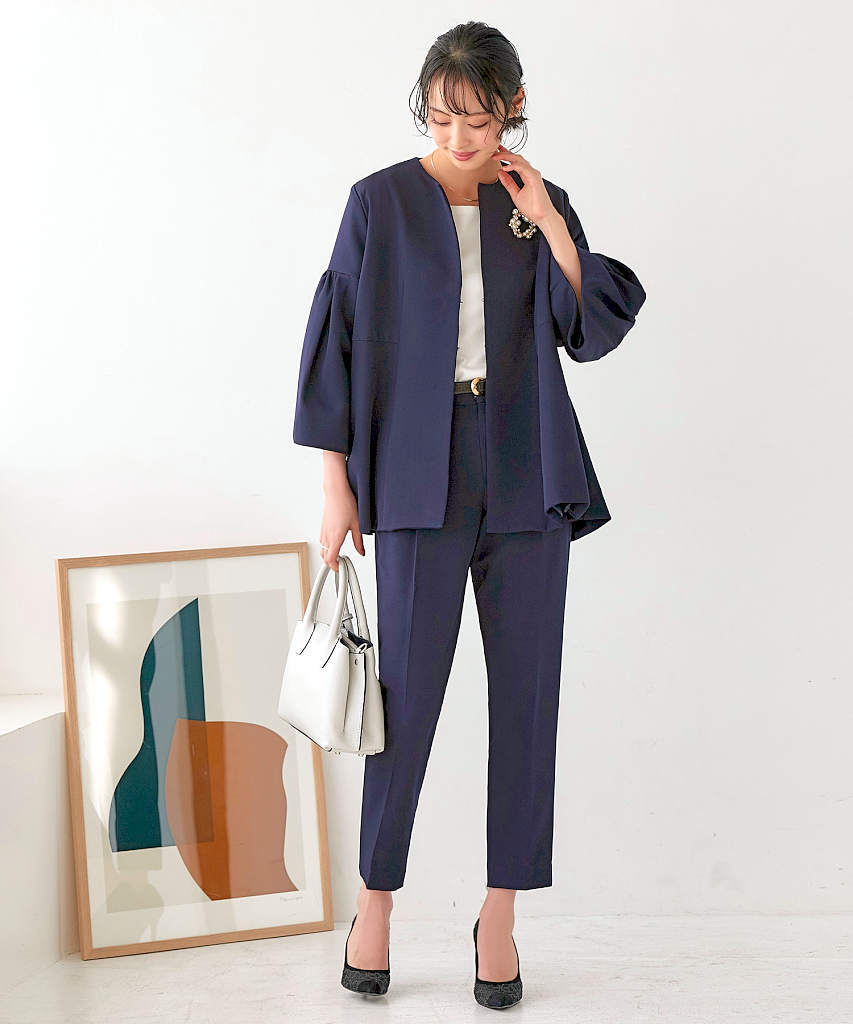 S～3L】ノーカラーフレアースリーブパンツスーツ | ルイルエブティック