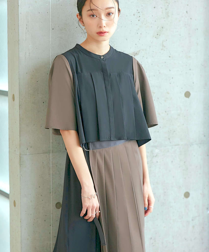 S～3L】【洗える】バイカラーシャツプリーツ半袖ワンピース | ルイルエ