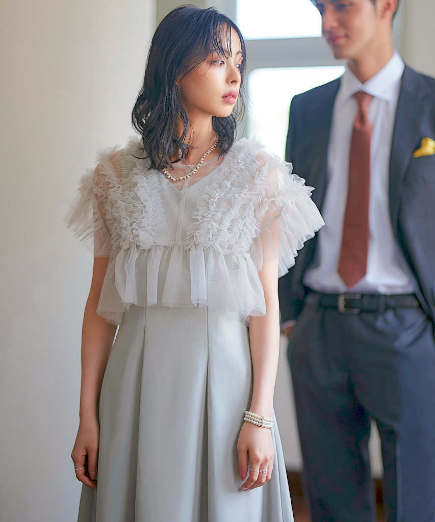 S～LL】フリルチュールシアートップス＆タックフレアドレスセット