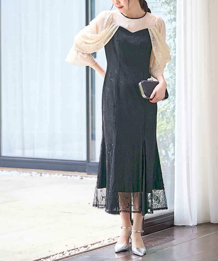 S～LL】レースオフショル・マーメイドフレアワンピースドレス