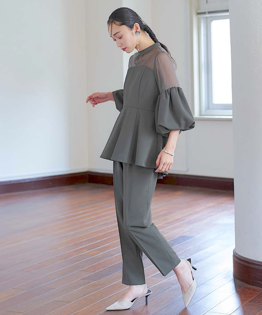 ルイルエブティック RUIRUE BOUTIQUE ボリュームスリーブペプラムトップス＆テーパードパンツセットアップ （ブラック×ドット） オケージョンドレス 結婚式 ｜ ボリュームスリーブペプラム