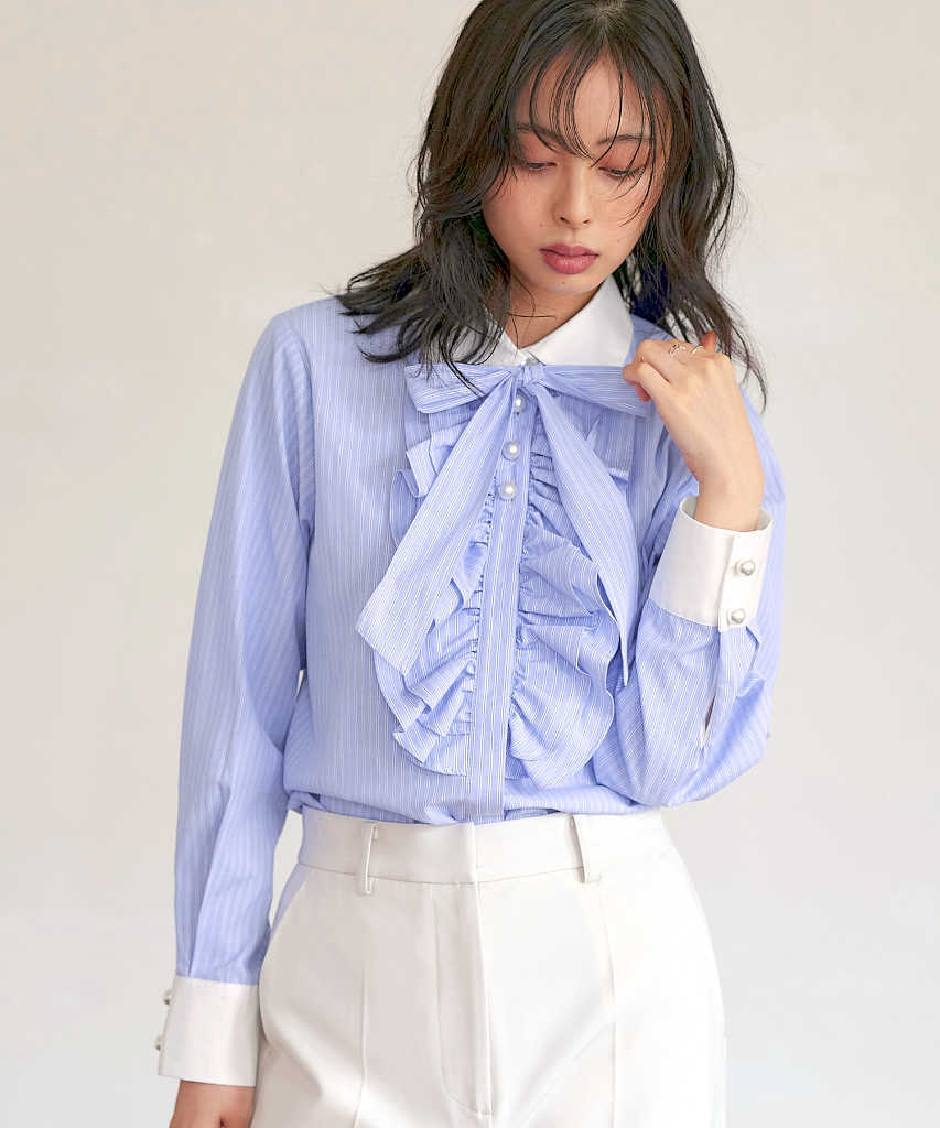 S～LL】デザインパールボタンストライプフリルシャツ | ルイルエ