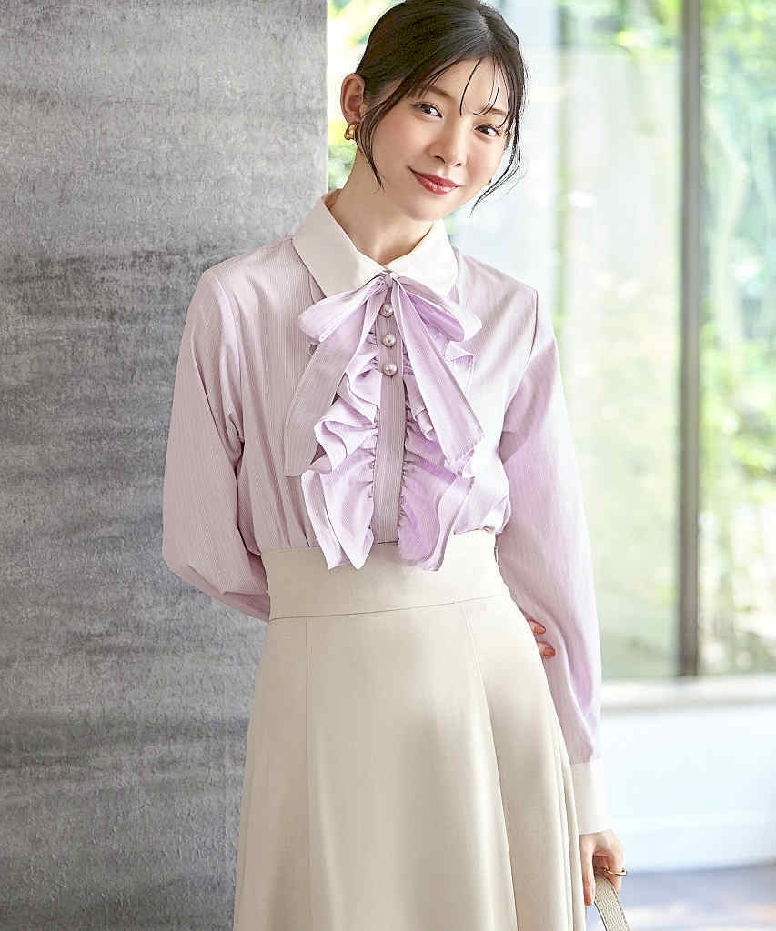 S～LL】デザインパールボタンストライプフリルシャツ | ルイルエ