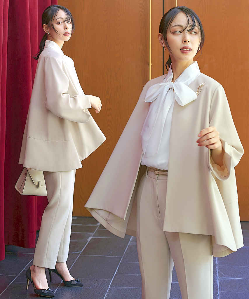 ルイルエブティック RUIRUE BOUTIQUE ボリュームスリーブペプラムトップス＆テーパードパンツセットアップ （ブラック×ドット） オケージョンドレス 結婚式 ｜ ボリュームスリーブペプラム