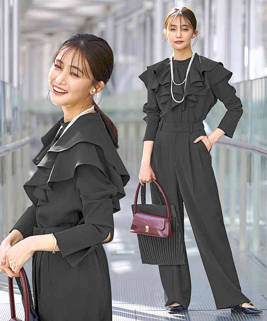 ルイルエブティック RUIRUE BOUTIQUE ピークドラペルダブルジャケット＆プリーツトップス＆タックワイドパンツ3点スーツセット （ブラック） ルイルエブティック RUIRUE BOUTIQUE ピークドラペルダブル